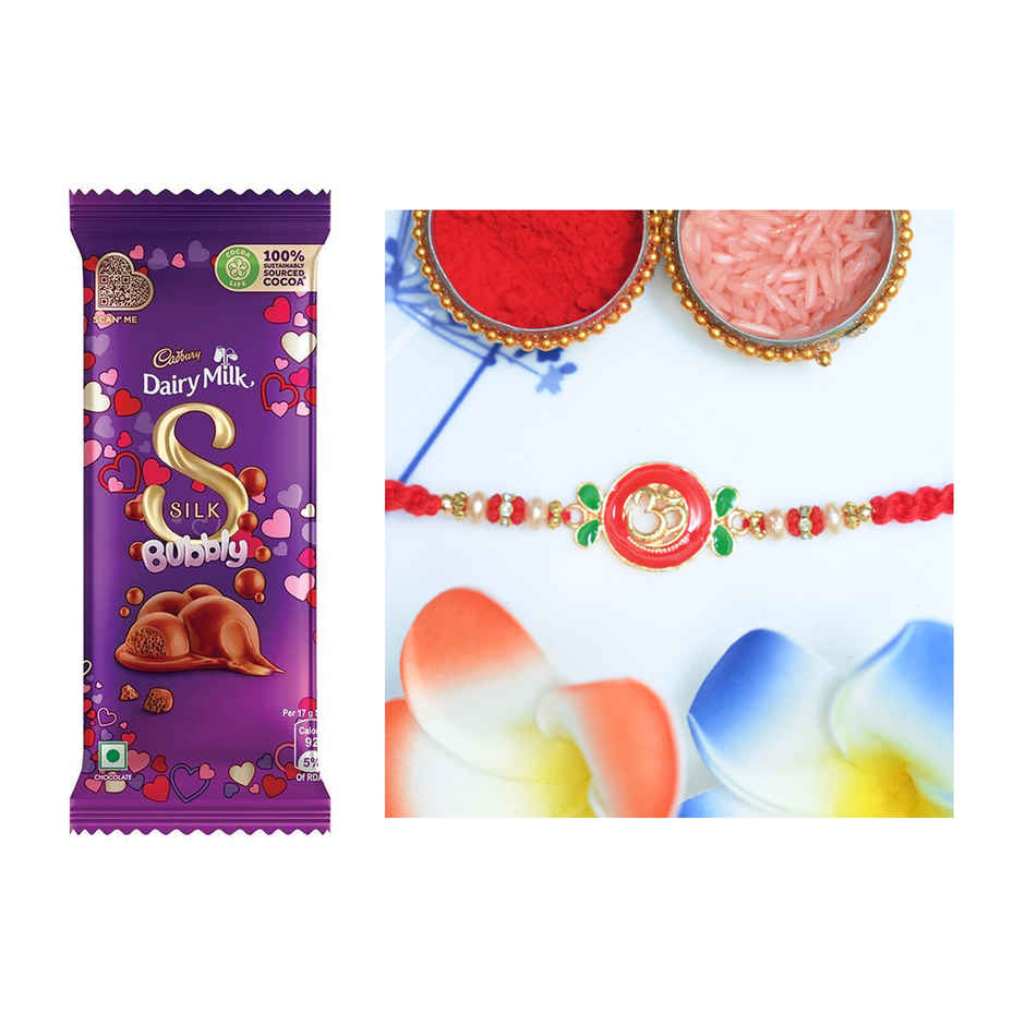 Cadbury Dairy Milk Silk Bubbly Chocolate Bar(50gms) & Aurum Om Rakhi With Meenakari(1pc) Combo