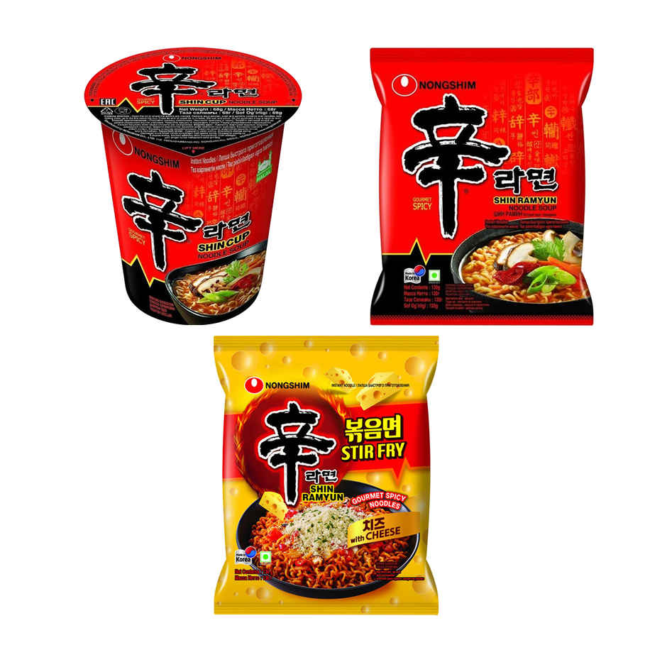 Nongshim Ansung Instant Noodle Soup(68gms), Nongshim Shin Ramyun Noodle Soup(120gms) & Nongshim Shin Ramyun Stir Fry Noodles with Cheese(136gms) Combo