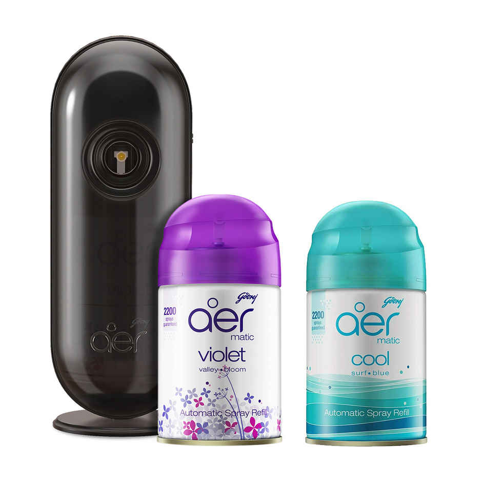 Godrej Aer Matic Kit (Machine + 1 Refill) - Automatic Room Fresheners - Violet Valley Bloom(225ml) & Godrej Aer Matic Refill - Automatic Room Fresheners - Cool Surf Blue(225ml) Combo