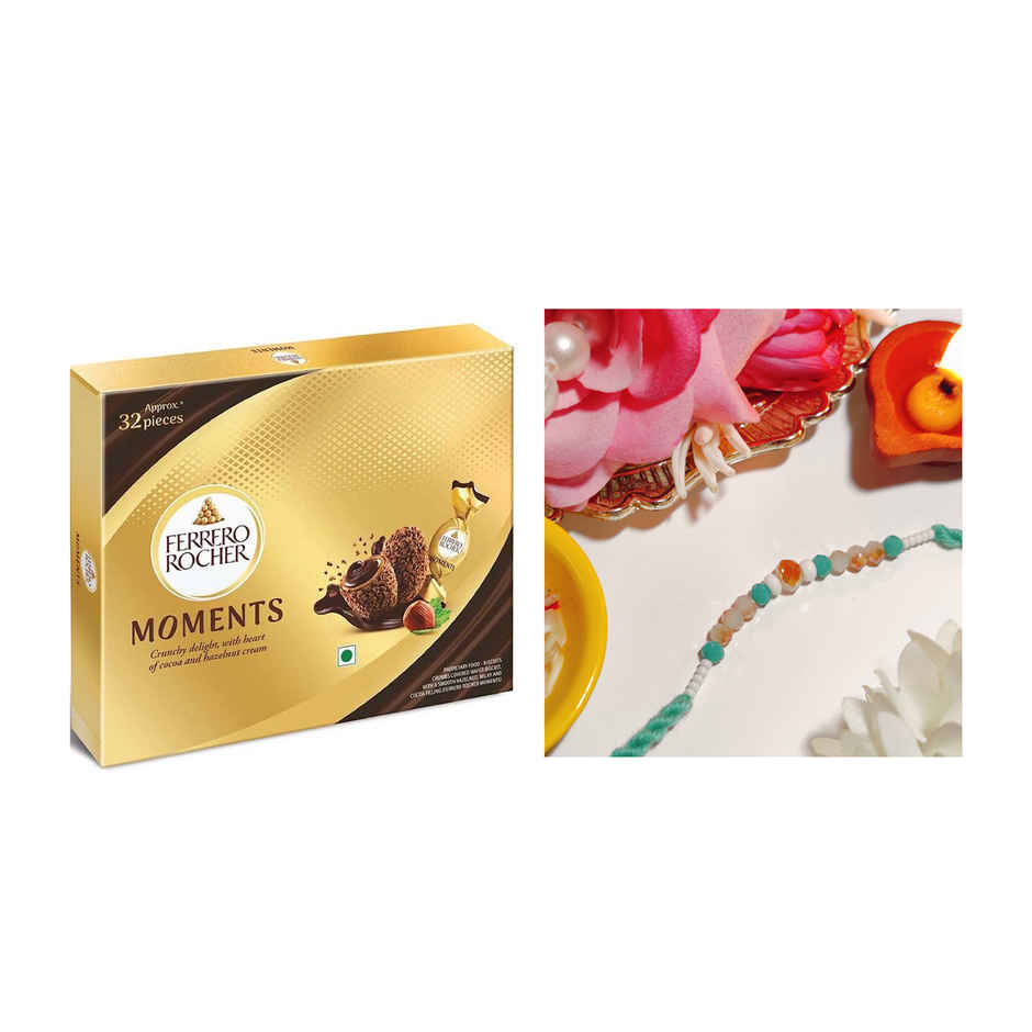 Ferrero Rocher Moments Gift Box(185gms) & Beautifully Weaved Dori Rakhi With Pastle Green & White Color Moti(1pc) Combo