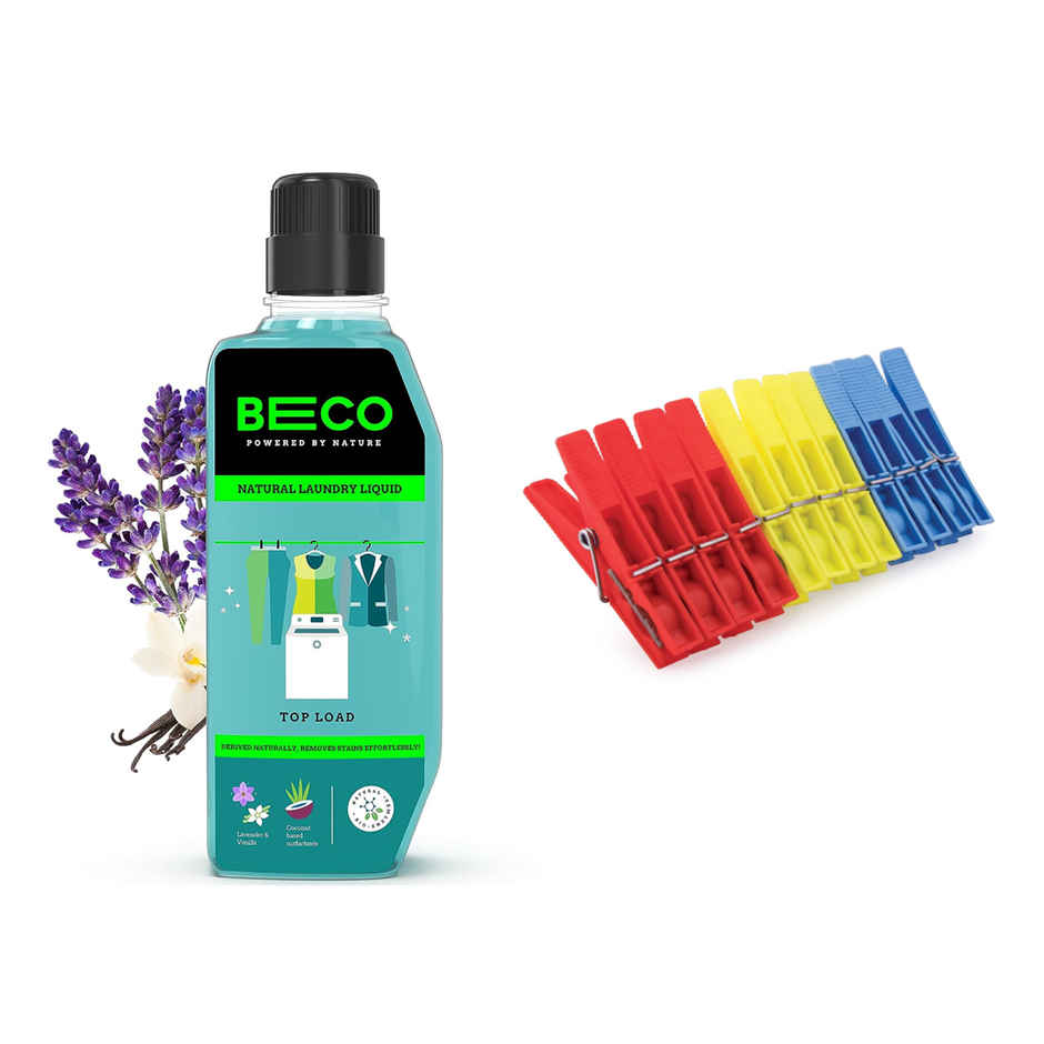 Beco Top Load Laundry Liquid Detergent(1l) & Civic Plastic Cloth Hanging Clips Set Of 12 Pieces (Assorted)(12pc) Combo