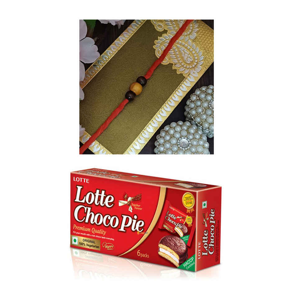 Lotte Choco Pie Chocolate Cake(168gms) & Red And Yellow Mauli Rakhi With Beads(1pc) Combo