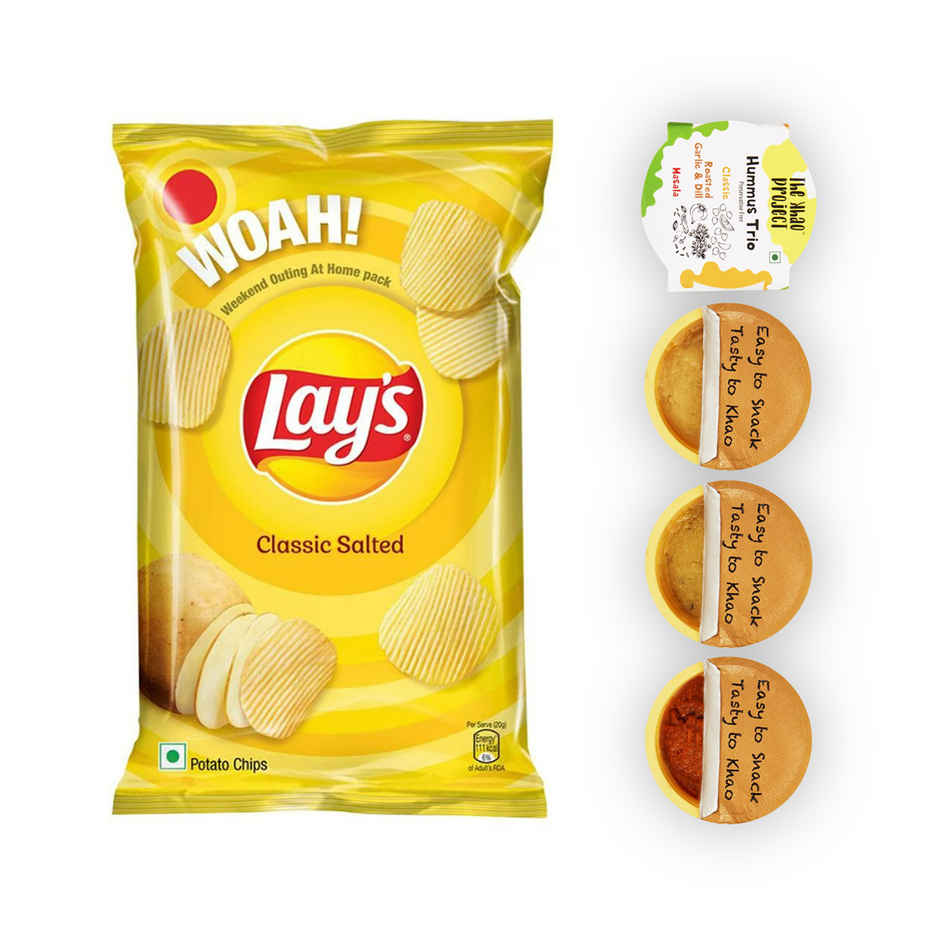 Lay'S Classic Salted Potato Chips(90gms) & The Khao Project Hummus Trio - Classic Roasted Garlic & Dill & Masala(150gms) Combo