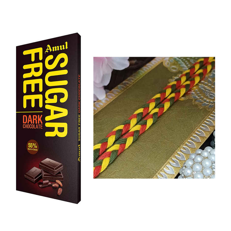 Amul Sugar Free Dark Chocolate(150gms) & Multicolour Braided Mauli Rakhi(1pc) Combo