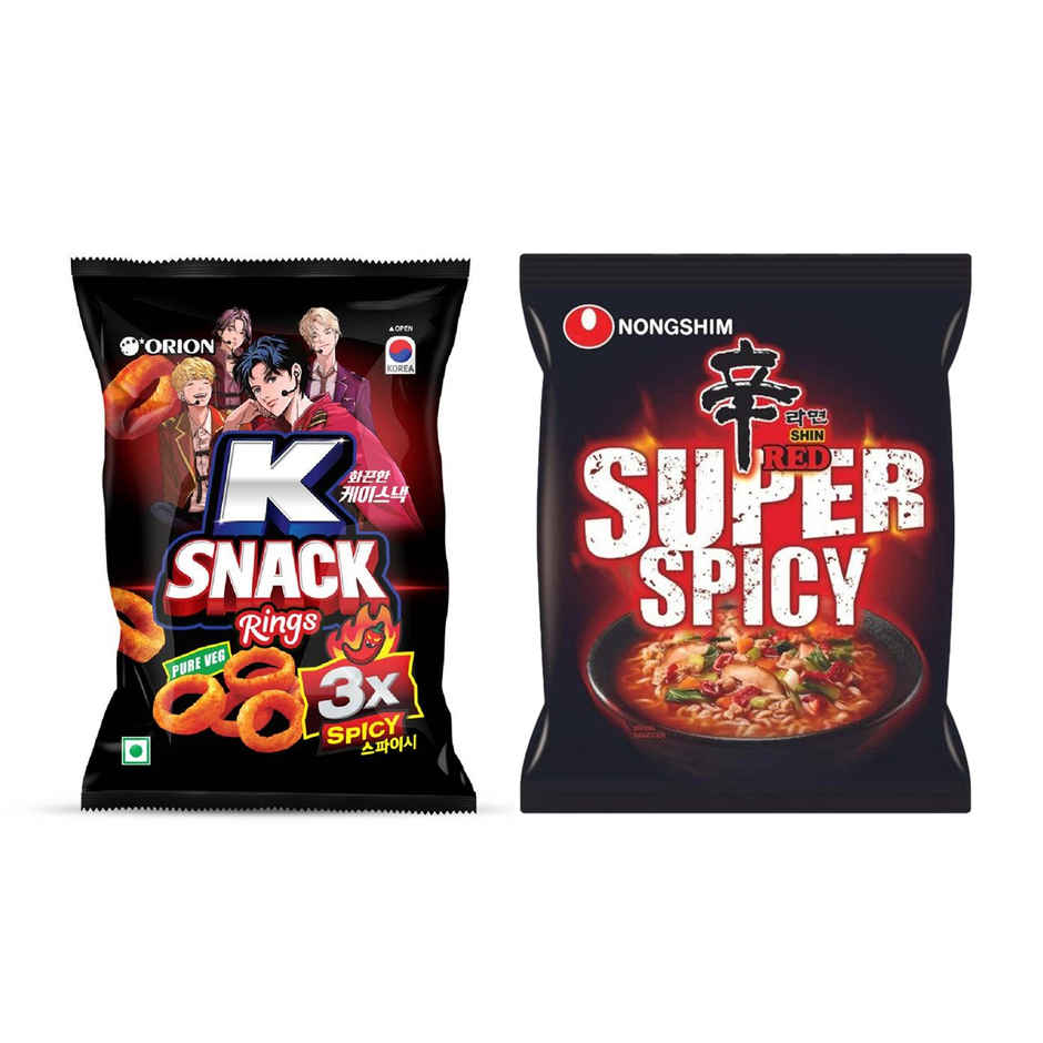 Orion K Snack Rings 3X Spicy(70gms) & Korean Nongshim Shin Red Super Spicy(120gms) Combo