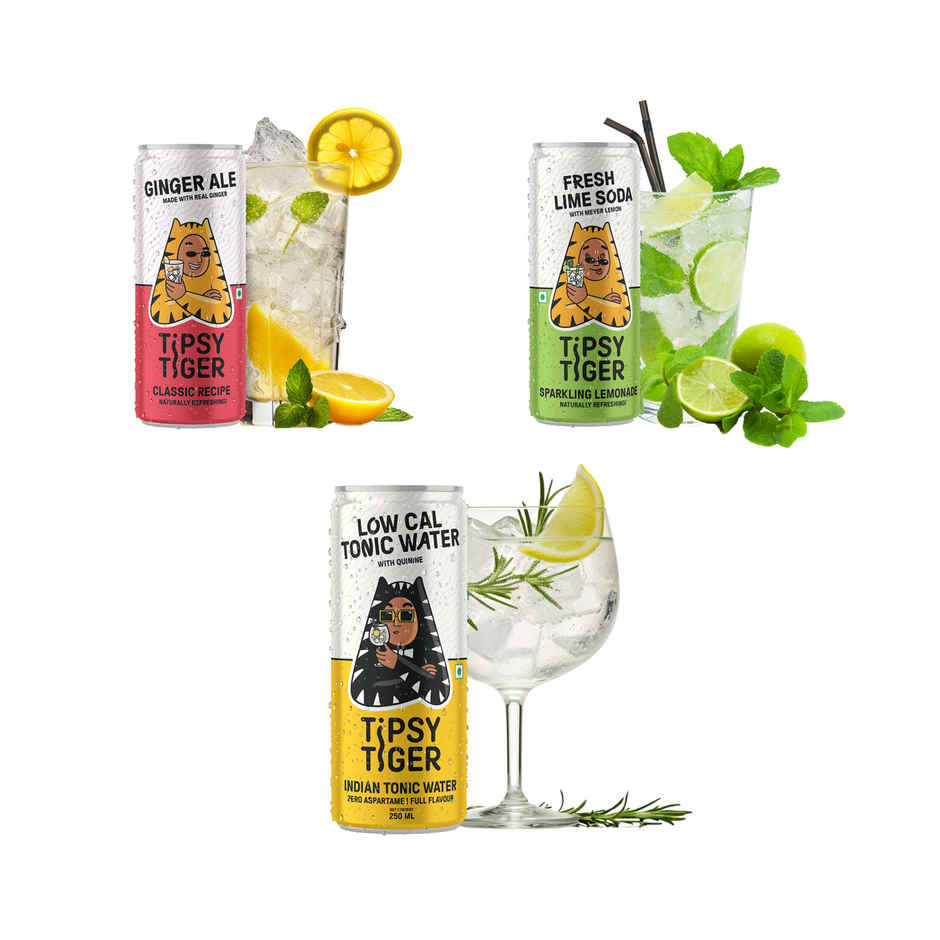 Tipsy Tiger Ginger Ale (With Real Ginger)(250ml), Tipsy Tiger Fresh Lime Soda(250ml) & Tipsy Tiger Low Cal Tonic Water(250ml) Combo