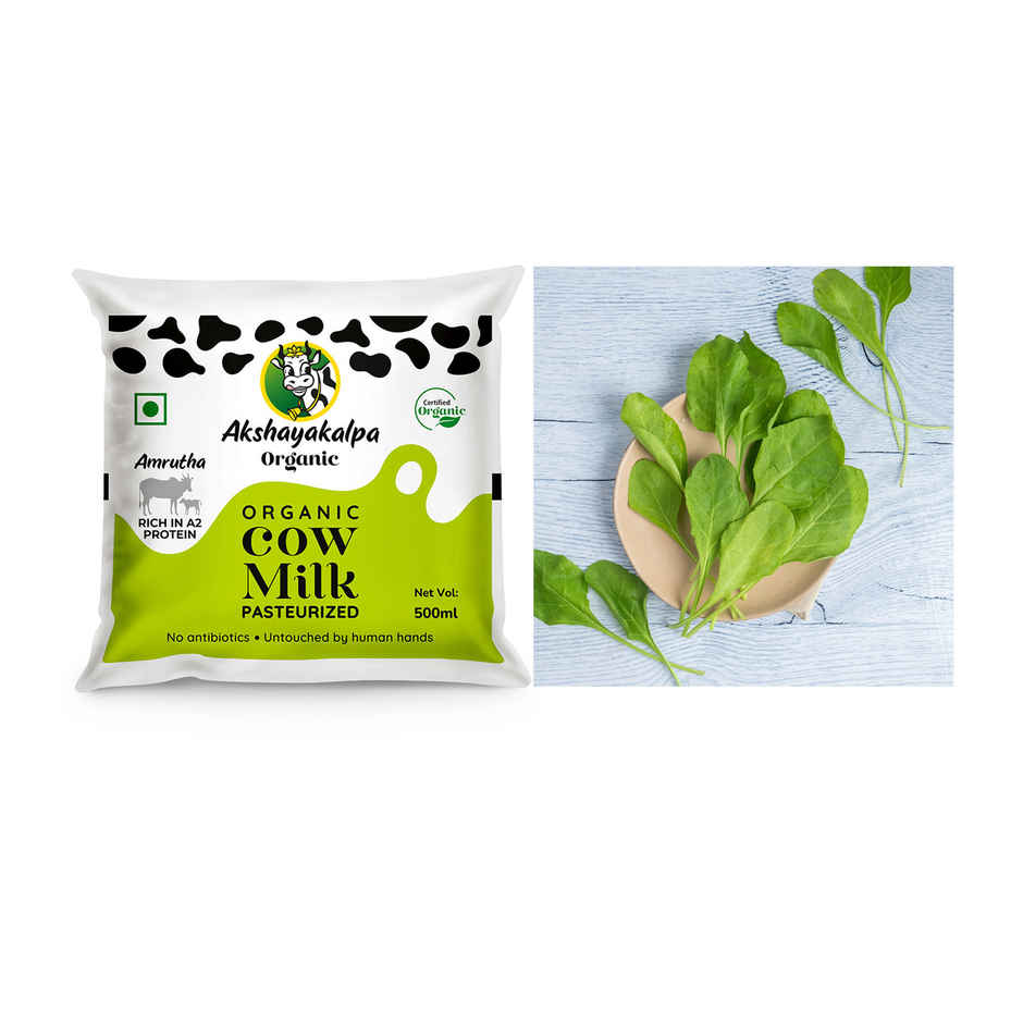 Akshayakalpa Amrutha A2 Pasteurized Fresh Milk (Pouch)(1pc) & Spinach - Cleaned, Without Roots(1pc) Combo