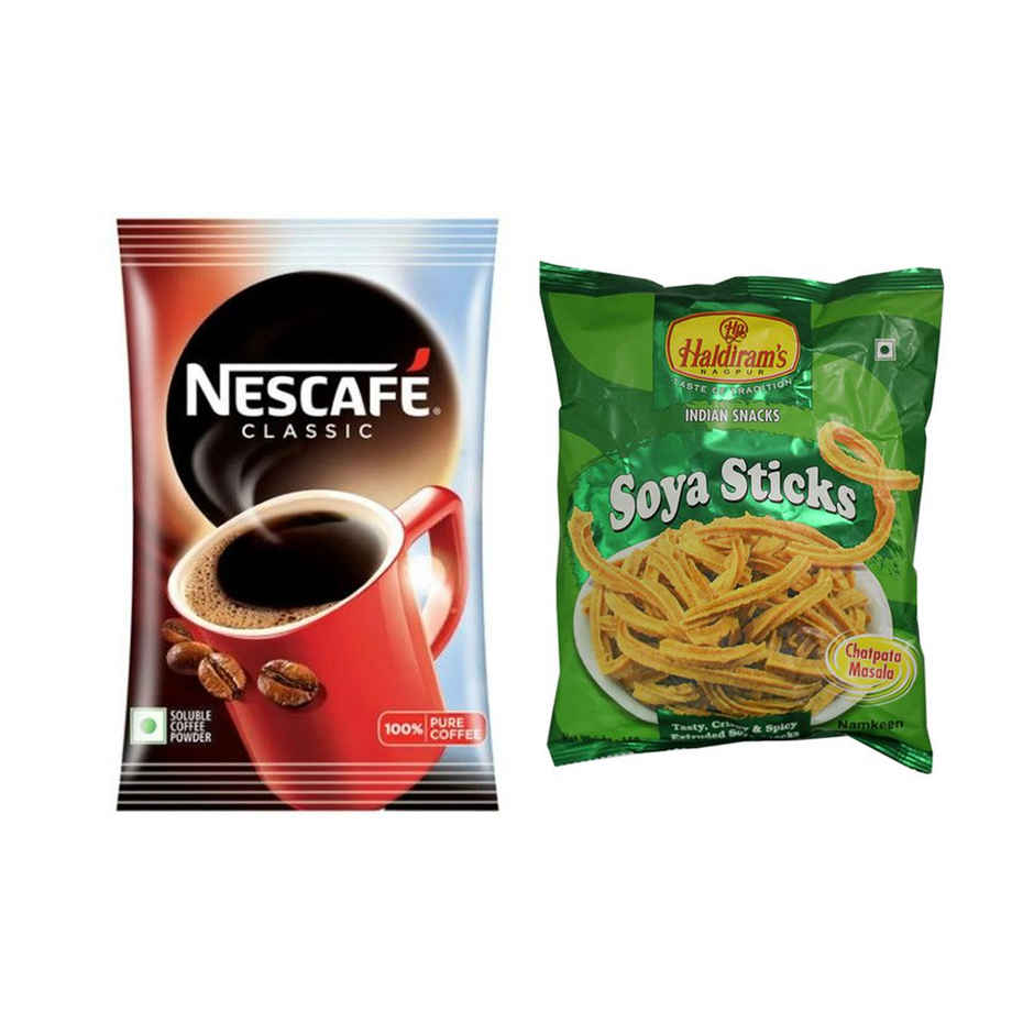Nescafe Classic Instant Coffee Powder Pouch(45gms) & Haldirams Soya Sticks(200gms) Combo