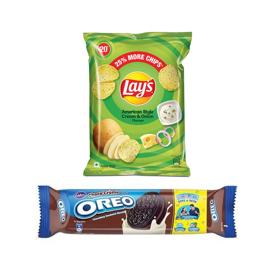 Lay'S American Cream & Onion Potato Chips(50gms) & Cadbury Oreo Chocolate Flavour Creme Sandwich Biscuit(132gms) Combo