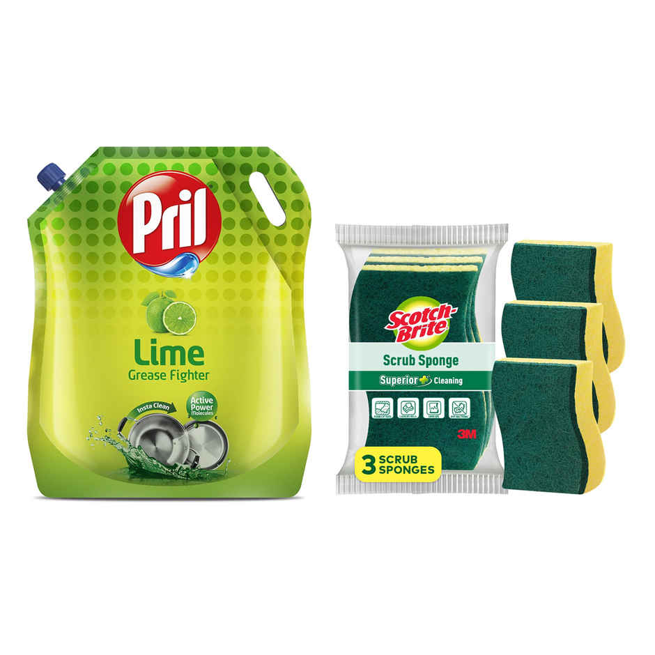 Pril Lime Dishwash Liquid Pouch(2l) & Scotch-Brite Scrub Sponge (Pack Of 3)(1pc) Combo 