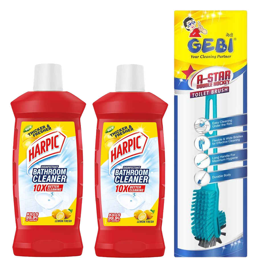Harpic Bathroom Cleaner Liquid - Lemon, Removes Bathroom Stains(2l) & Gebi Sparkle Plus A Star Double Hockey Toilet Brush (Assorted)(1pc) Combo