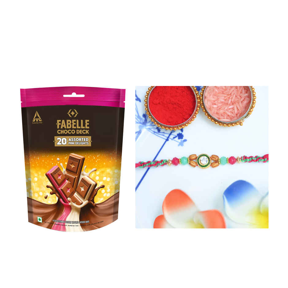 Fabelle Chocolate Home Pack Mini Delights Assorted Treats Pack(140gms) & Aurum Kundan Rakhi With Beads(1pc) Combo