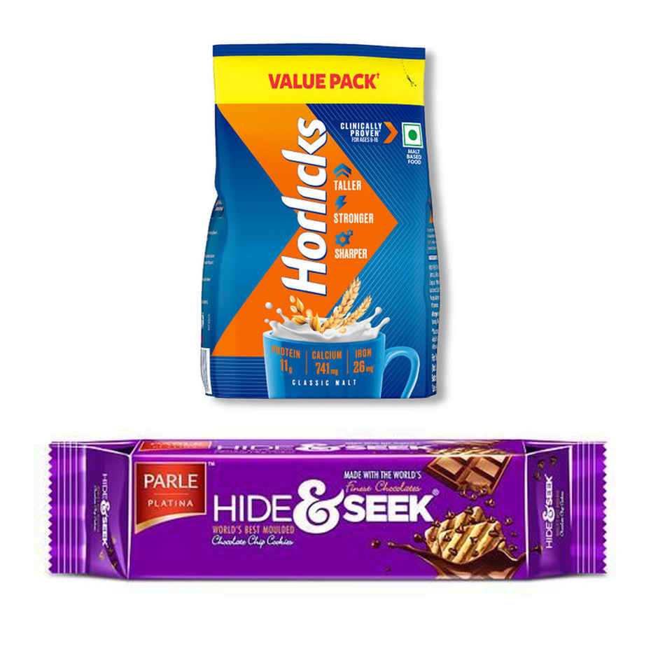 Horlicks Classic Malt Drink Mix (Refill)(750gms) & Parle Hide & Seek Chocolate Biscuits(100gms) Combo