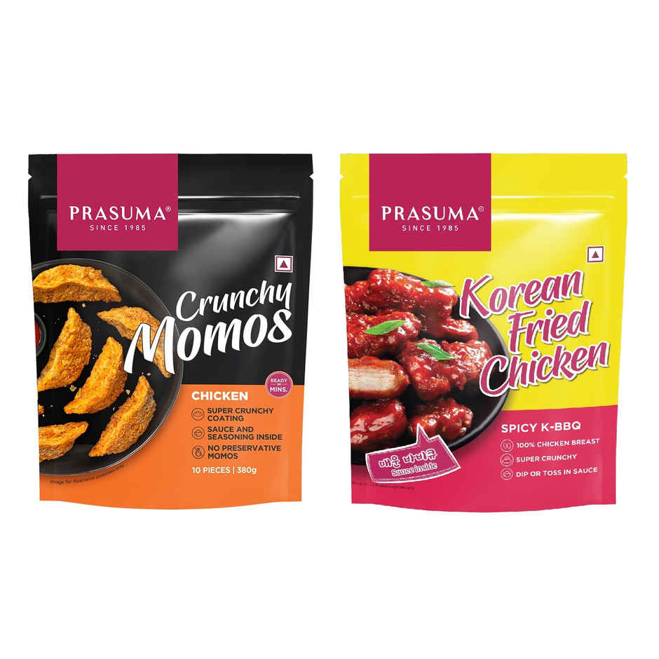 Prasuma Crunchy Chicken Momos - Kurkure Momos(380gms) & Prasuma Korean Fried Chicken - Spicy K-Bbq(275gms) Combo
