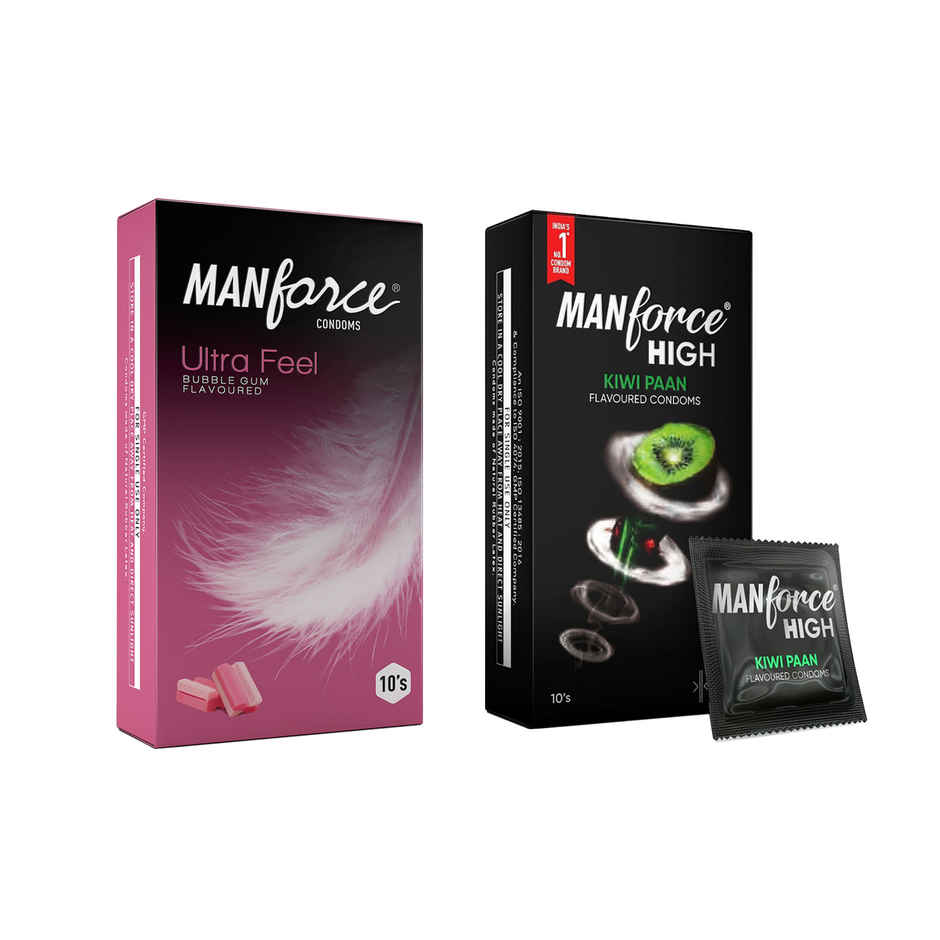 Manforce Ultra Feel Super Thin Bubble Gum Flavoured Condom With Thickness Of 0.05Mm(10pc) & Manforce High Flavoured Condoms - Kiwi Paan(10pc) Combo