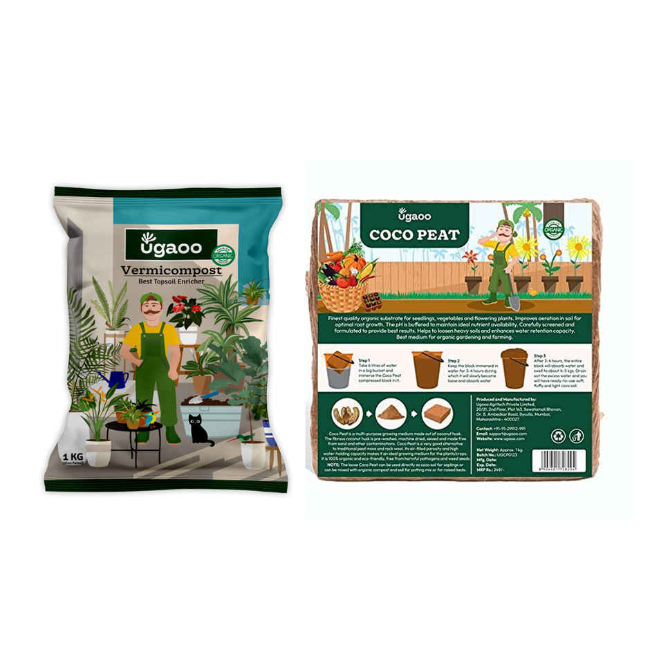 Ugaoo Vermicompost For Plants - Organic Fertilizer & Manure(1kg) & Ugaoo Cocopeat Block For Home Garden Plants(1kg) Combo