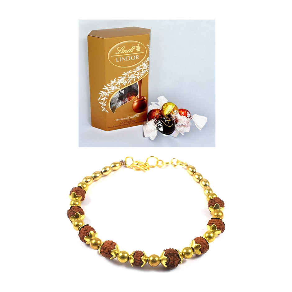 Lindt Lindor Smooth Melting Assorted Chocolates Cornet(200gms) & Aurum Blue Evil Eye Rakhi Multiple Pearls & Beads(1pc) Combo