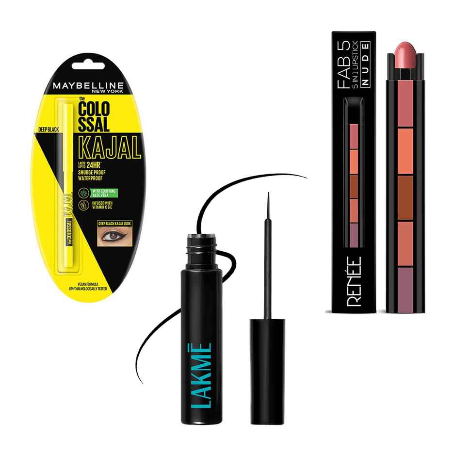 Maybelline New York Colossal Kajal Black Fix With Aloe Vera(0.35gms), Renee Fab 5 Nude 5In1 Lipstick(7.5gms) & Lakme Eyeconic Liquid Eyeliner, Black(4.5ml) Combo