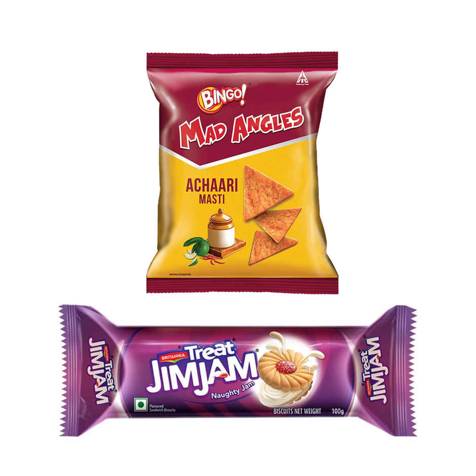 Britannia Treat Jimjam Cream Biscuits(92gms) & Bingo! Mad Angles Achaari Masti Chips(66gms) Combo