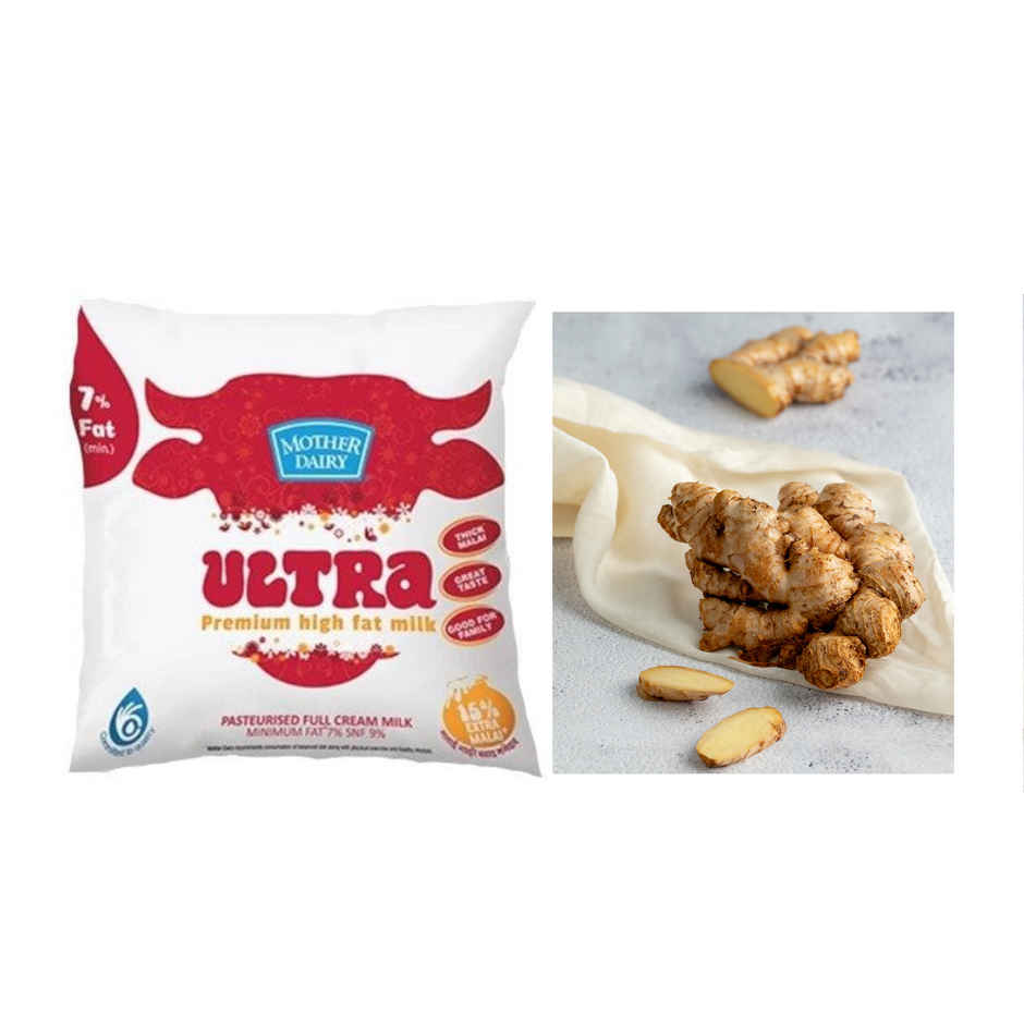 Mother Dairy Ultra Full Cream Fresh Milk (Pouch)(1pc) & Ginger(1pc) Combo