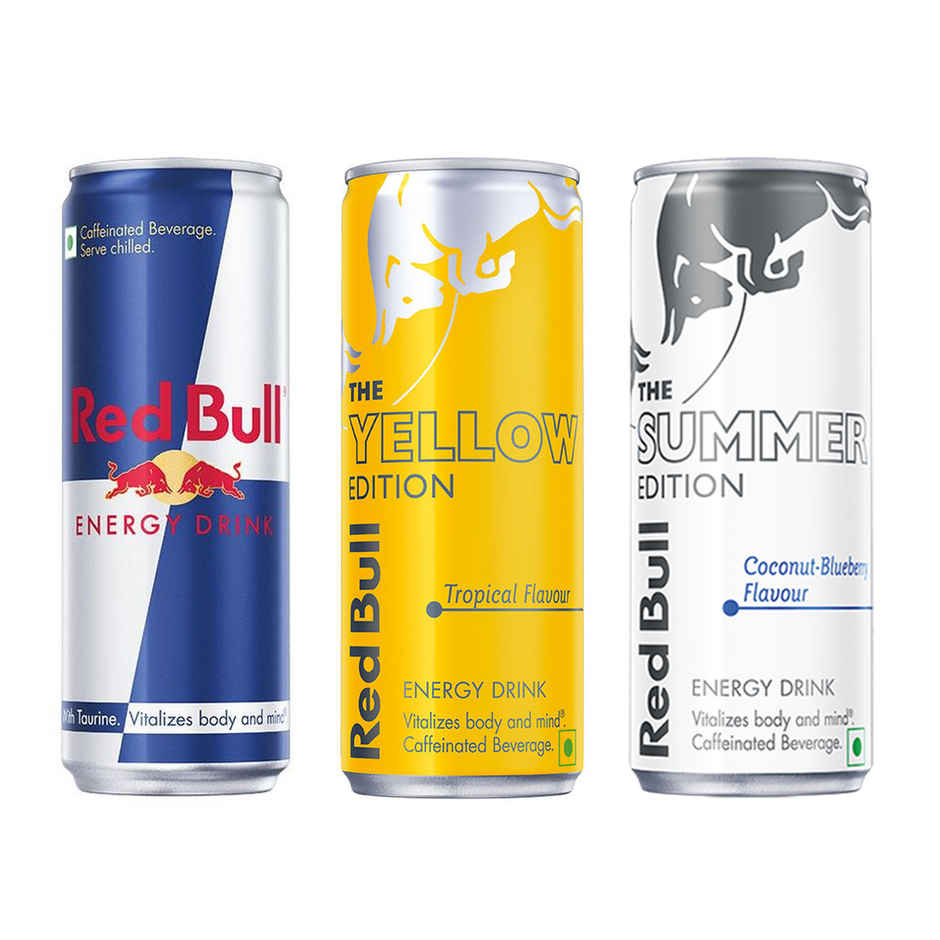 Red Bull Energy Drink Can(250ml), Red Bull Energy Drink Yellow Edition Can(250ml) & Red Bull Energy Drink, The Summer Edition, Coconut Blueberry Flavour(250ml) Combo 