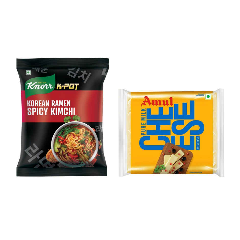 Korean Knorr Korean Ramen Spicy Kimchi Veg Meal(96gms) & Amul Cheese Slices(200gms) Combo