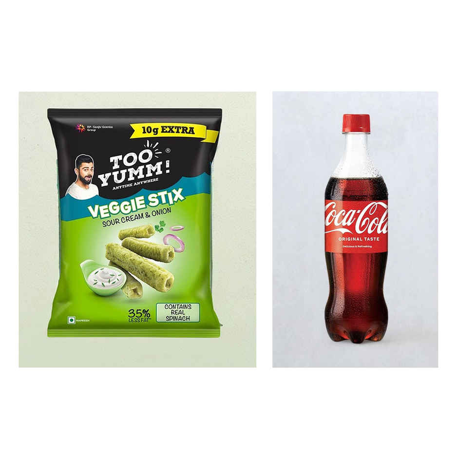 Too Yumm! Sour Cream & Onion Veggie Stix | Munching Snack | On-The-Go Munchies(75gms) & Coca-Cola Soft Drink(750ml) Combo