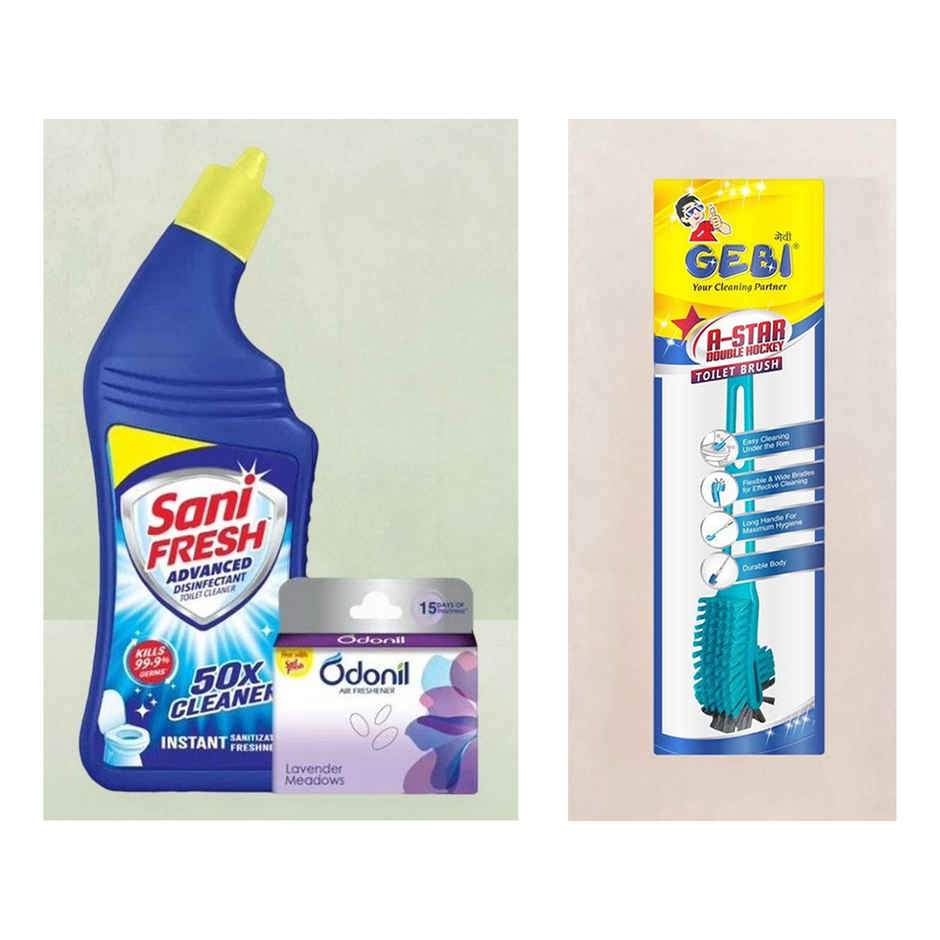 Sanifresh Advance Liquid Toilet Cleaner With Odonil Air Freshner Block(1l) & Gebi Sparkle Plus A Star Double Hockey Toilet Brush (Assorted)(1pc) Combo