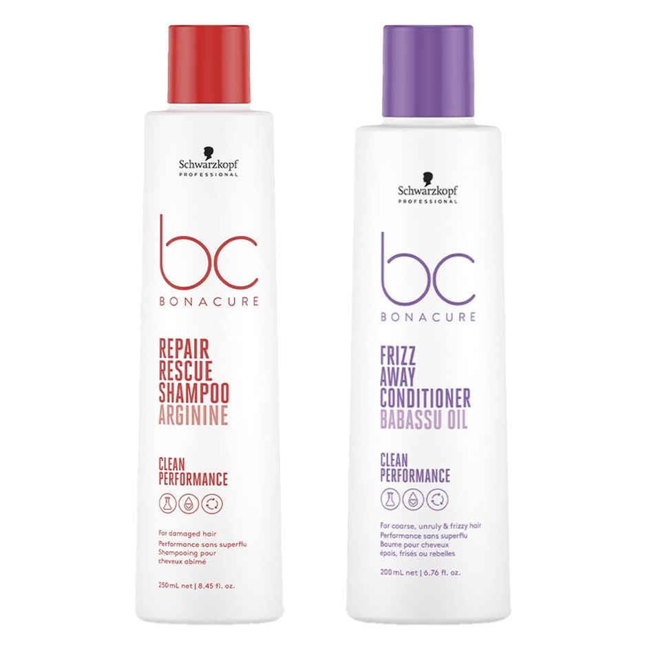 Schwarzkopf Professional Bonacure Repair Rescue Shampoo With Arginine(250ml) & Schwarzkopf Professional Bonacure Frizz Away Conditioner With Babassu Oil With Vegan Keratin(200ml) Combo