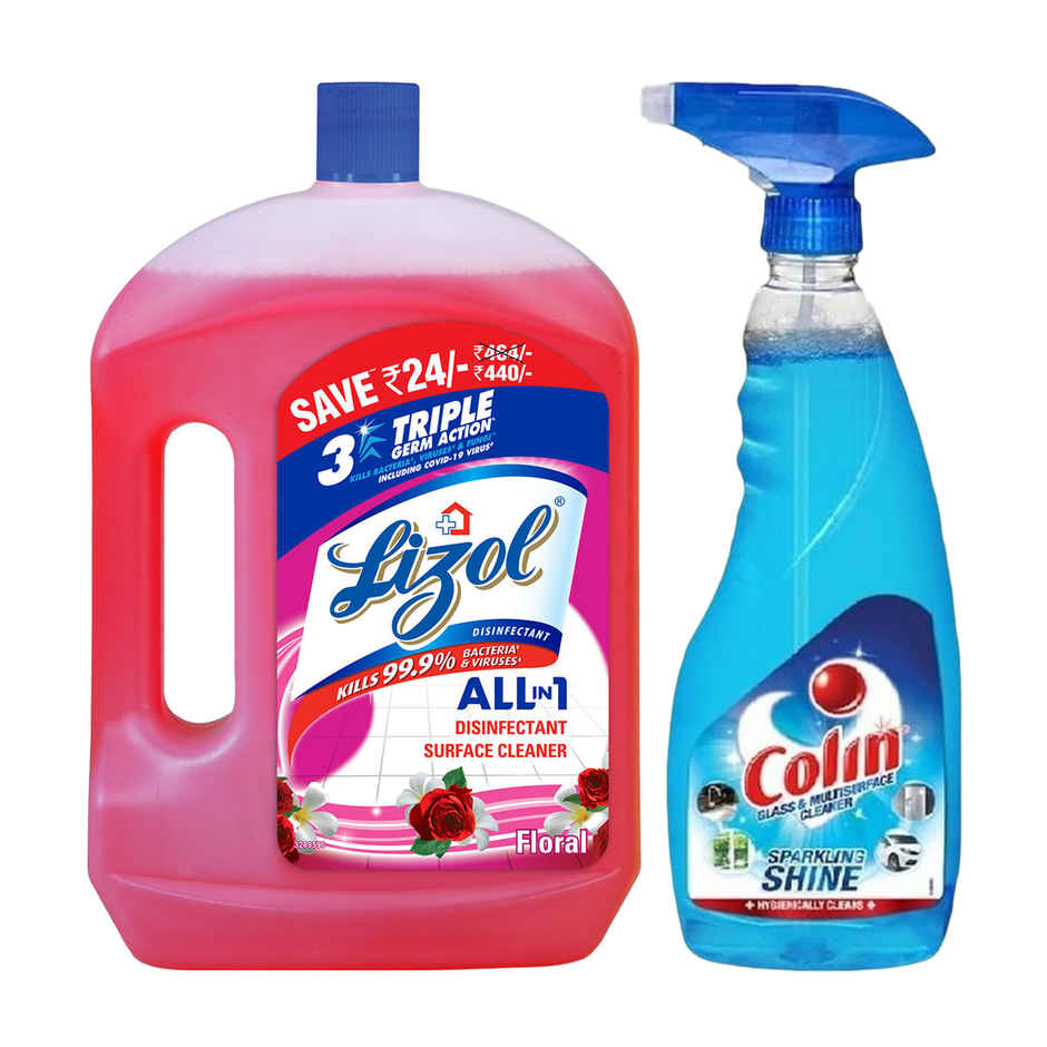 Lizol Disinfectant Surface & Floor Cleaner Liquid, Floral(2l) & Colin Glass Cleaner Pump 2X More Shine With Shine Boosters(500ml) Combo