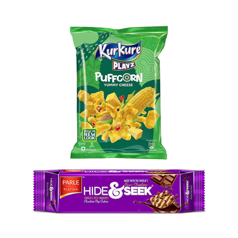 Kurkure Yummy Puffcorn Yummy Cheese Chips(52gms) & Parle Hide & Seek Chocolate Biscuits(100gms) Combo