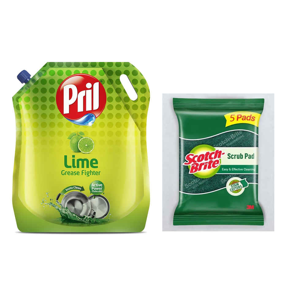 Pril Lime Dishwash Liquid Pouch(2l) & Scotch Brite Scrub Pad(5pc) Combo 