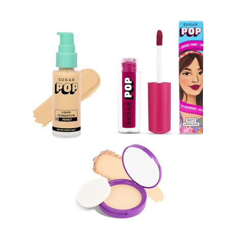 SUGAR POP Liquid Foundation 04 Peanut(30ml), SUGAR POP Longwear Compact - 01 Sand(9gms) & SUGAR POP Matte Lipcolour - 04 Raspberry(1.6ml) Combo