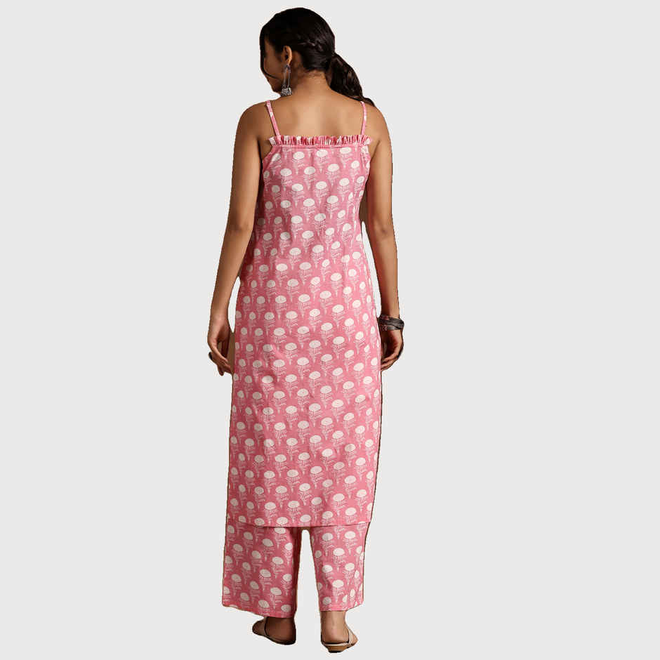 Libas Women's Printed Cotton Straight Kurta Set | Pink - L