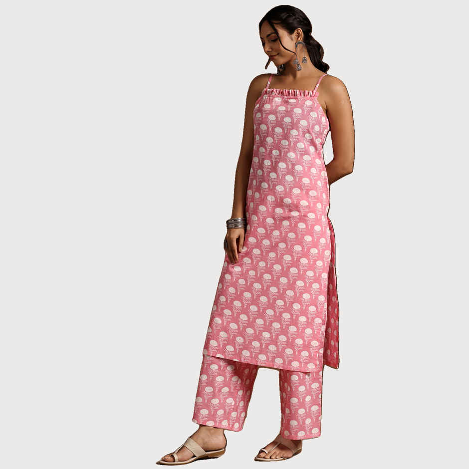 Libas Women's Printed Cotton Straight Kurta Set | Pink - L