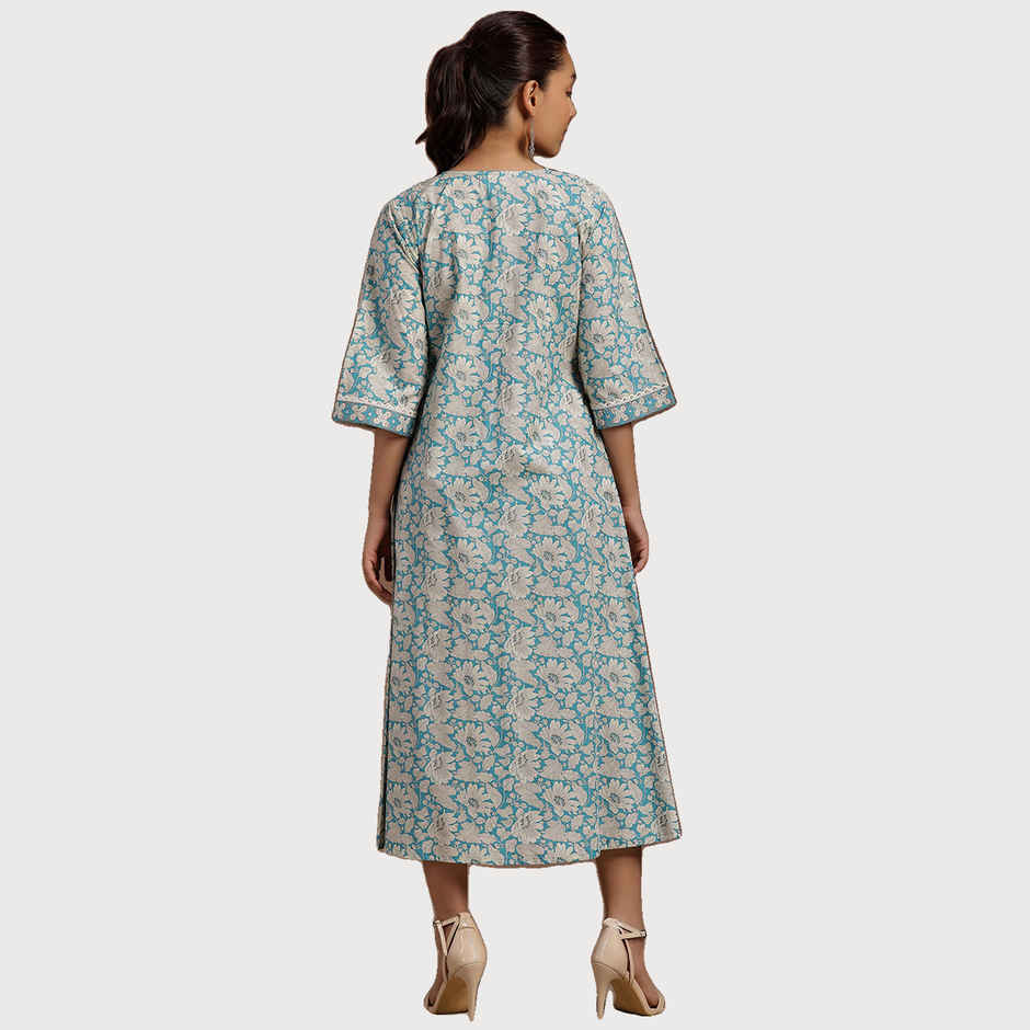 Libas Women's Floral Printed Panelled A-Line Dress with Pleated Style And Pocket | 29115O | Blue - M