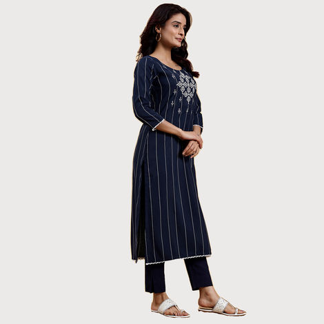 Libas Women's Embroidered Silk Straight Kurta | Blue - L