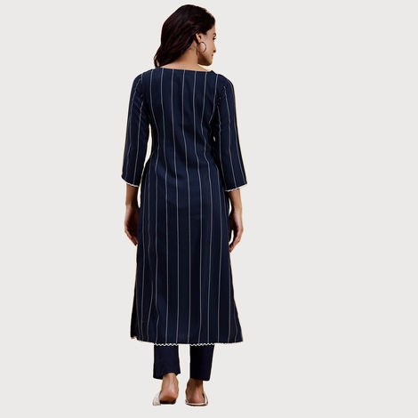 Libas Women's Embroidered Silk Straight Kurta | Blue - L