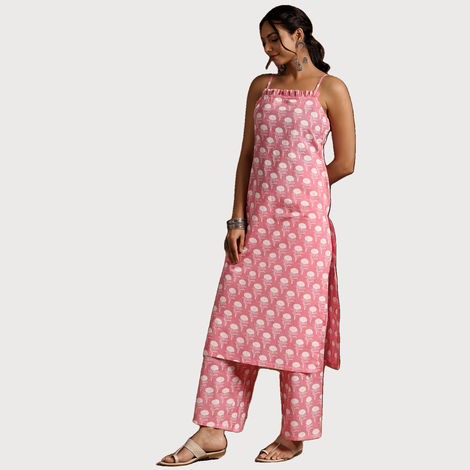 Libas Women's Printed Cotton Straight Kurta Set | Pink - L