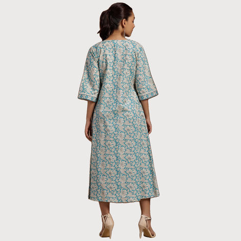 Libas Women's Floral Printed Panelled A-Line Dress with Pleated Style And Pocket | 29115O | Blue - M