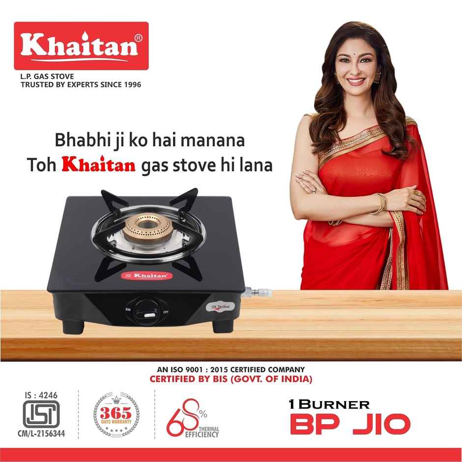 Khaitan 1 Burner BP Jio Toughened Glass | LPG Cooktop I Manual Ignition Stove | Black