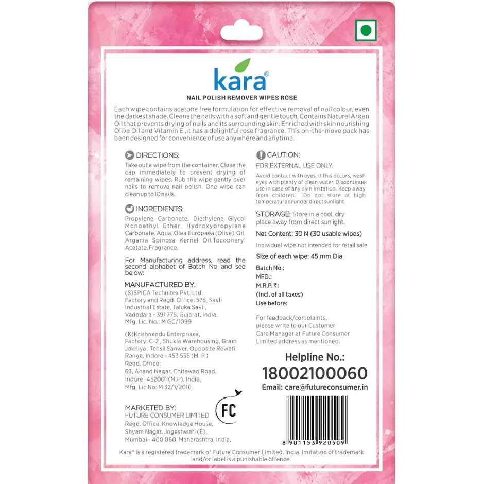Kara Nail Polish Remover Wipes Rose 30pulls