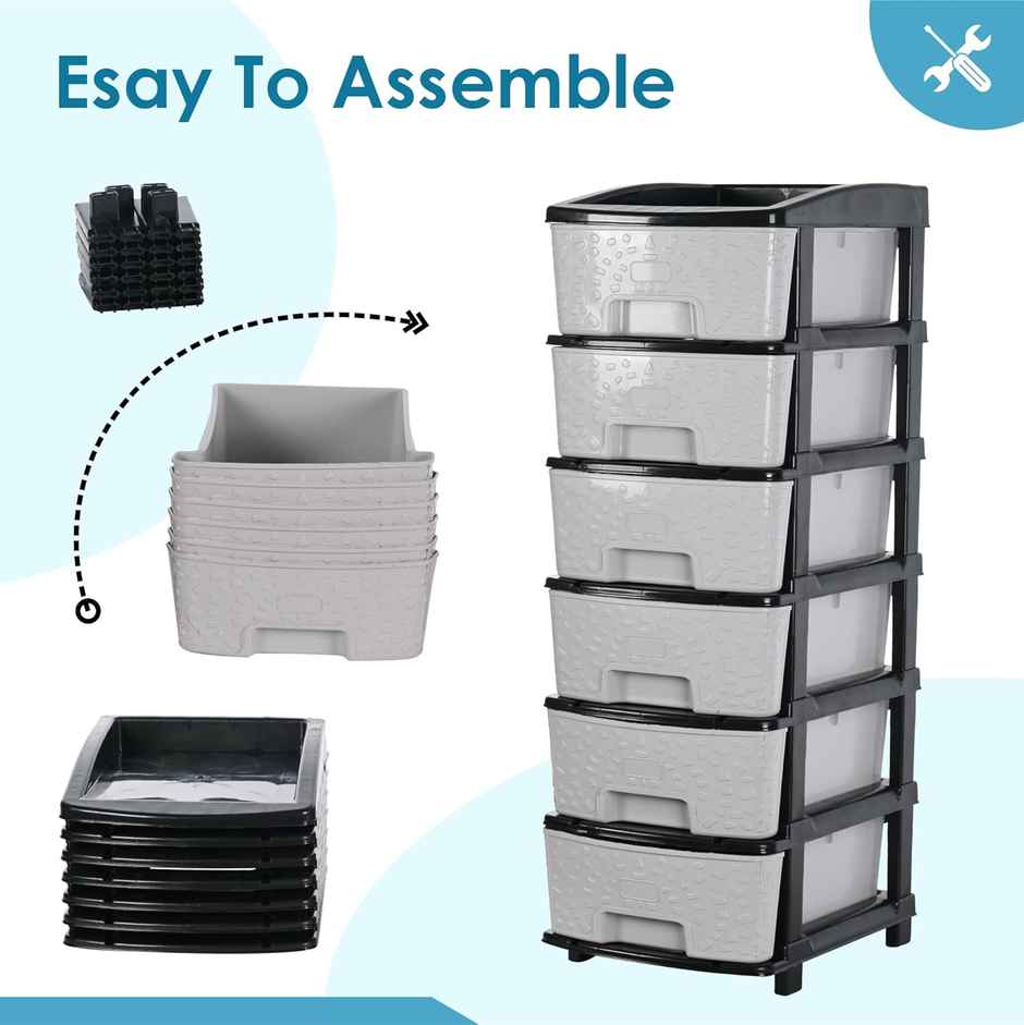 Kuber Industries Modular 6-Layer & 63 L Plastic Drawer Storage Organiser | Black & Grey