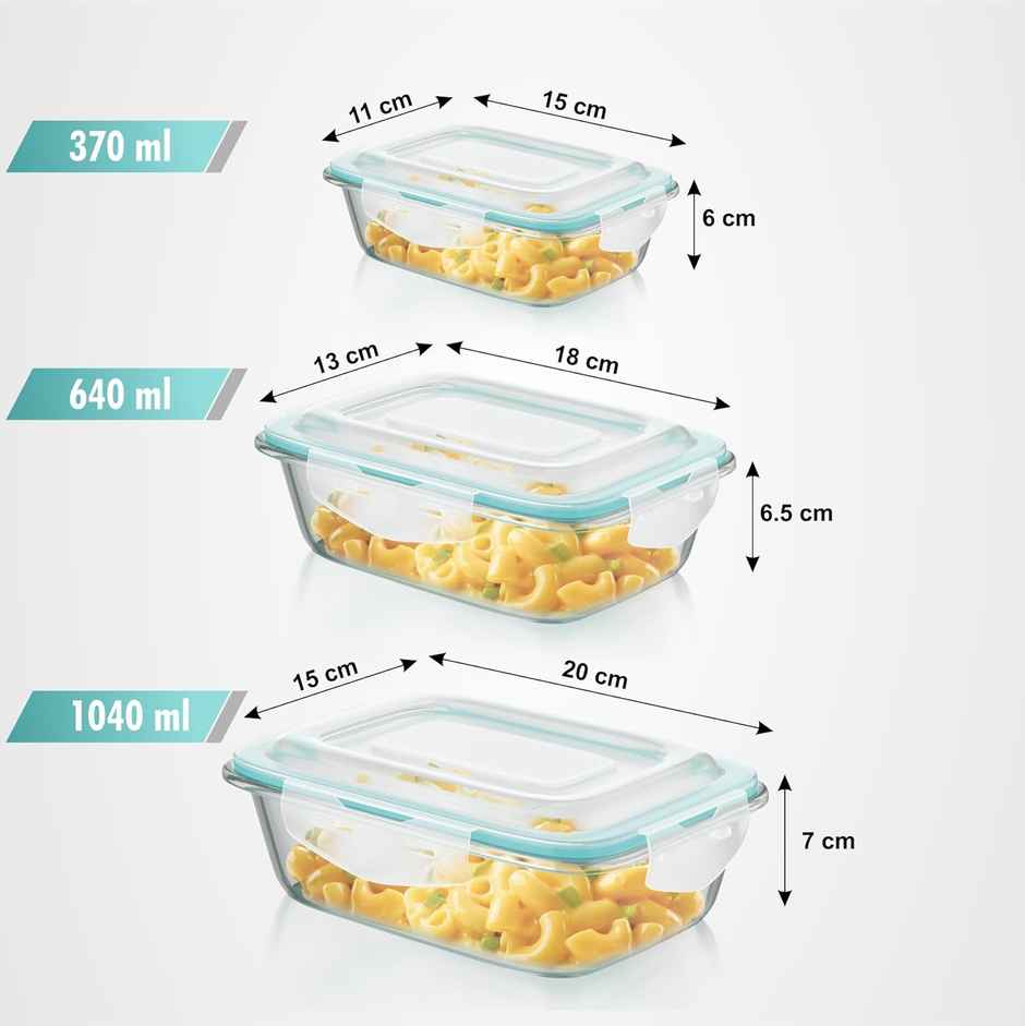 Signoraware Lock N Store Rectangular Borosilicate Glass Container|370 ml,640 ml,1040 ml|Transparent