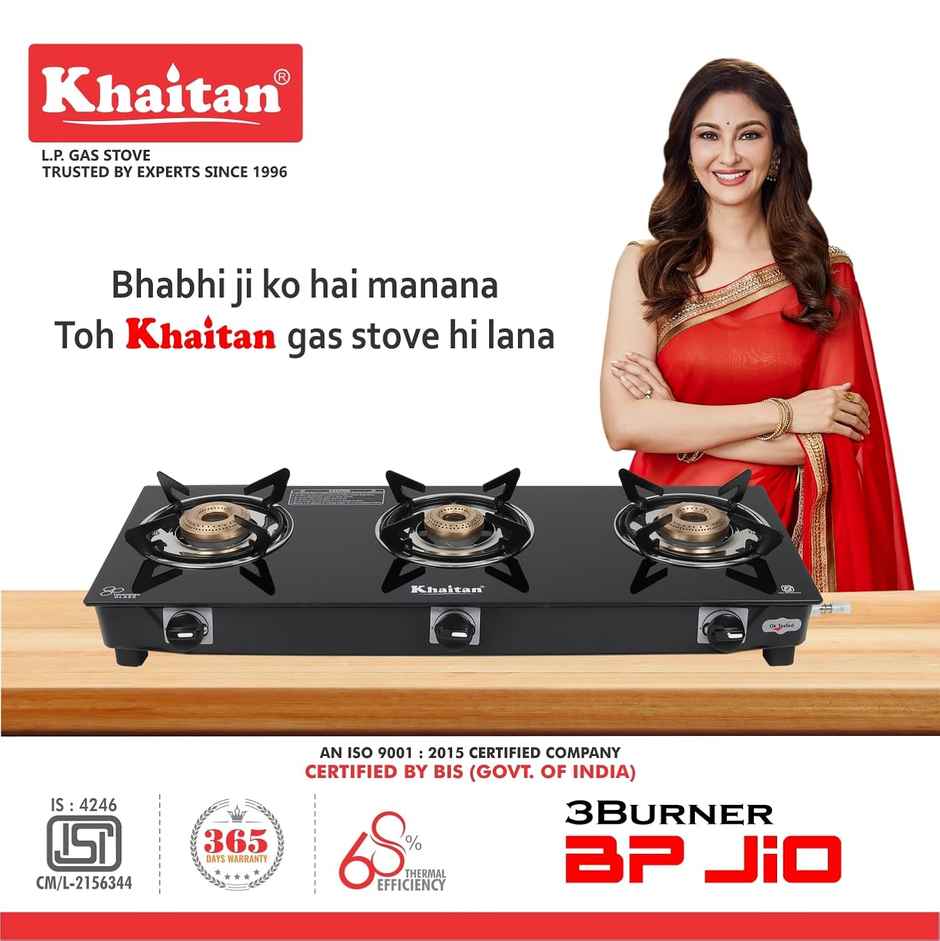 Khaitan 3 Burner BP Jio Toughened Glass | LPG Cooktop I Manual Ignition Stove | Black