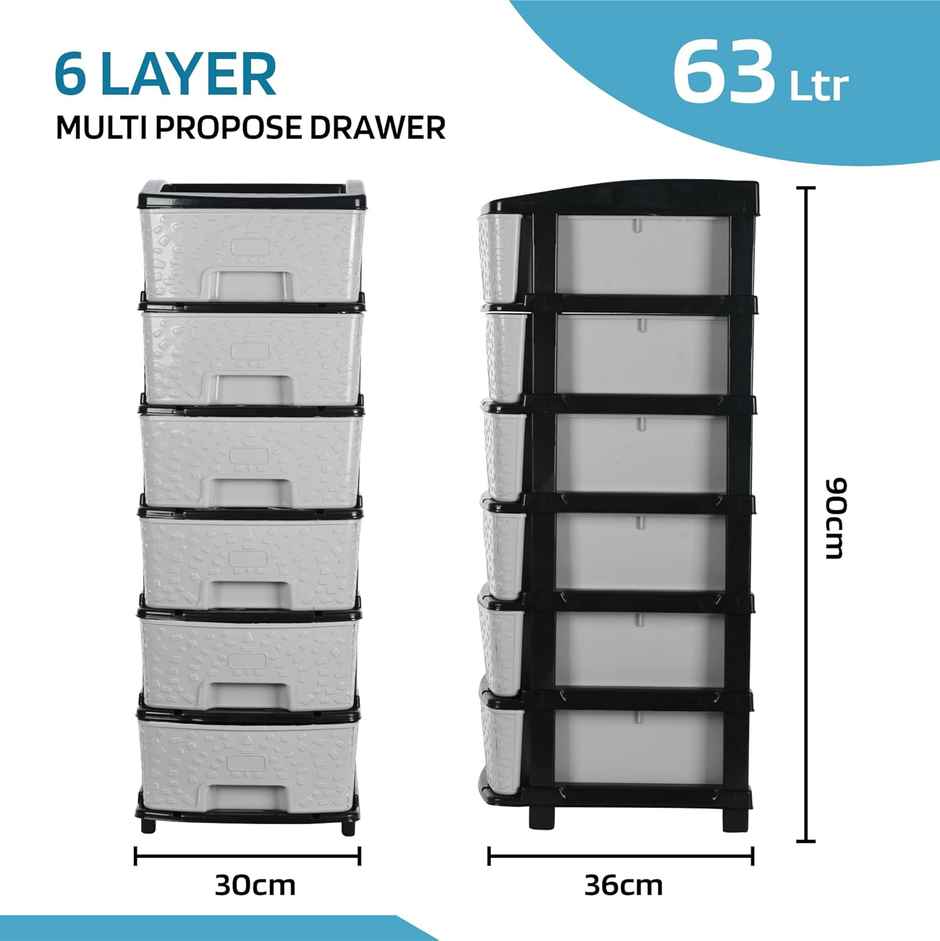 Kuber Industries Modular 6-Layer & 63 L Plastic Drawer Storage Organiser | Black & Grey