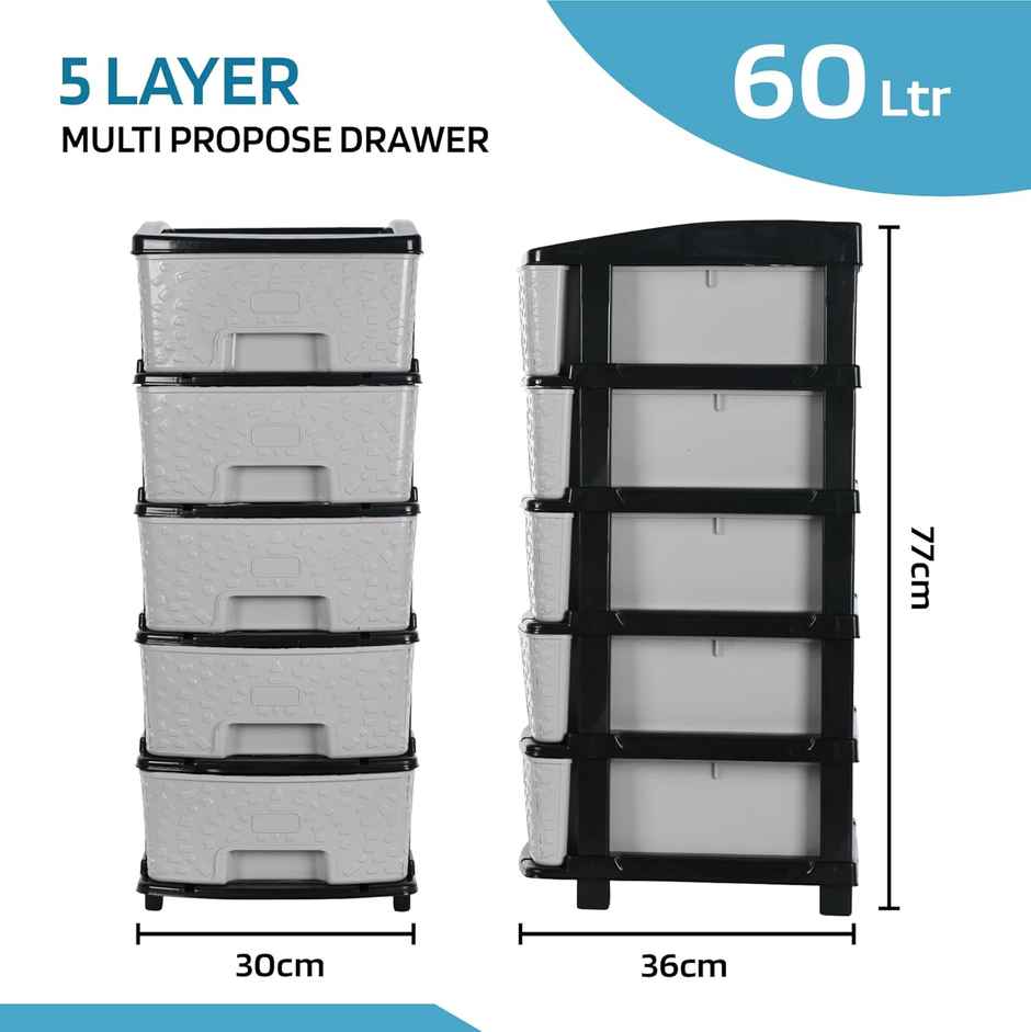 Kuber Industries Modular 5-Layer & 60 L Plastic Drawer Storage Organiser | Black & Grey