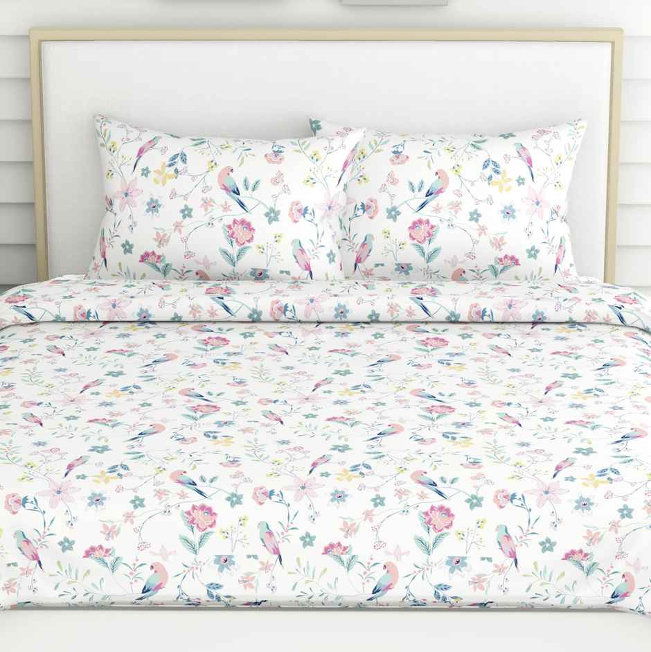 Haus & Kinder Exotic Wings King 100% Cotton Floral Bedsheet | White & Pink | 108 x 108 in