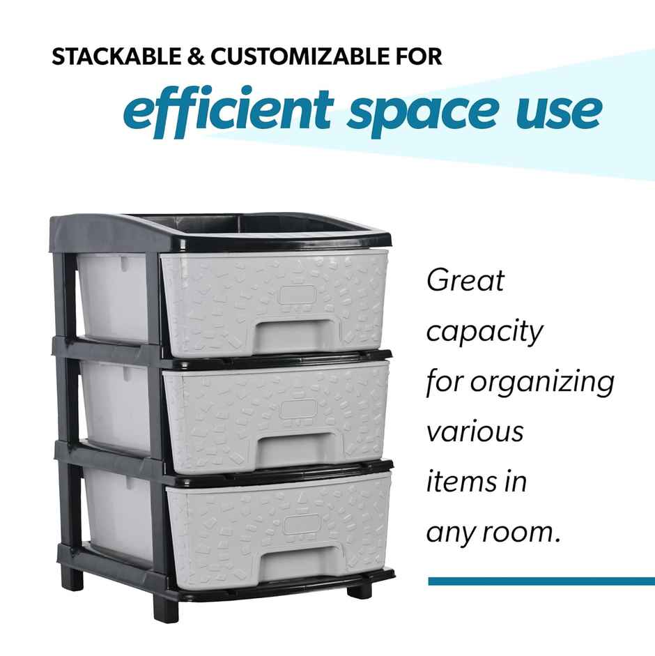 Kuber Industries Modular 3-Layer & 53 L Plastic Drawer Storage Organiser | Black & Grey