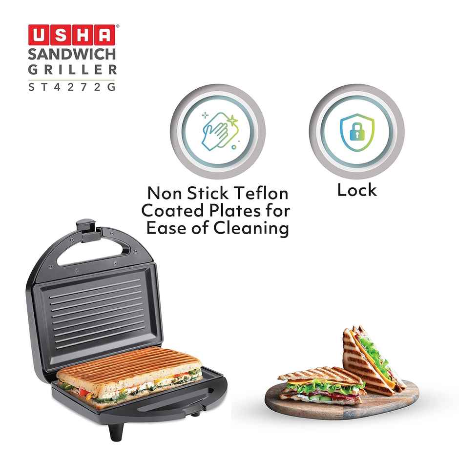 Usha Sandwich Maker Griller (750W, 4-Slices, 2 Stage Thermal Safety, Led Indicators, Black)